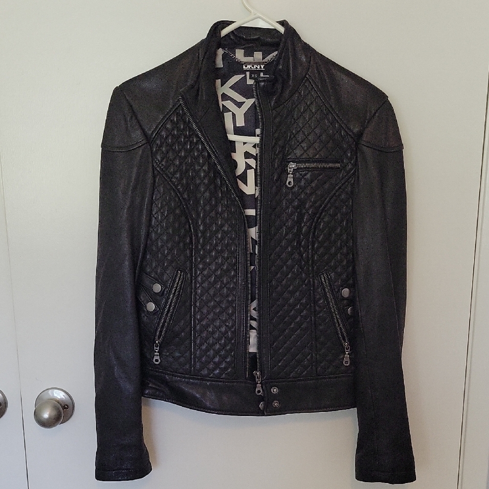 DKNY Black Quilted Genuine Leather Jacket